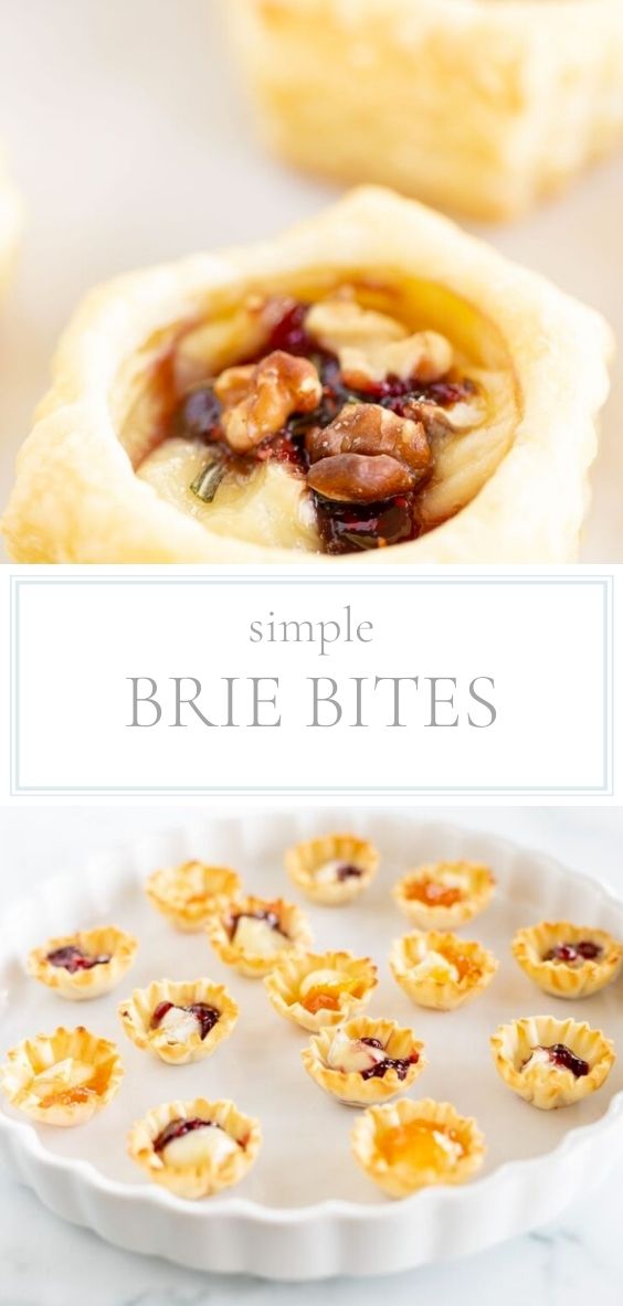 Pictures of Brie Bites. One picture is a close up view and the other is of several brie bites in a white dish on a marble counter.