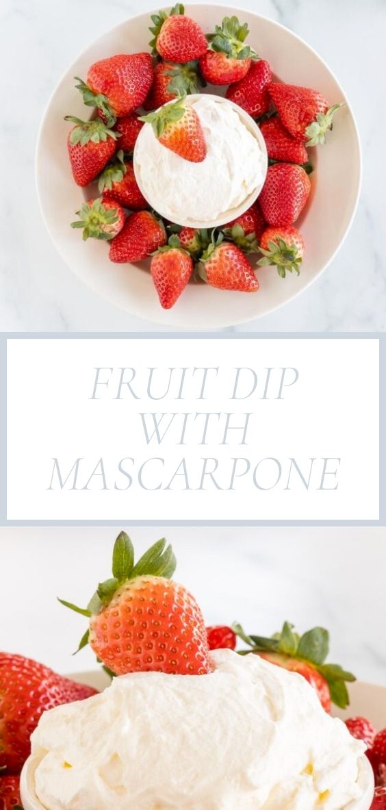 Fruit Dip with Mascarpone is pictured in a white bowl with fresh strawberries on a marble counter top.