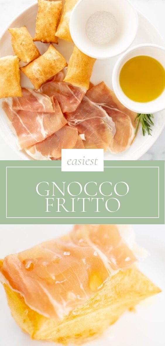 Gnocco Fritto is pictured on a white plate on a marble counter, garnished with fresh herbs,olive oil, top with prosciutto and sea salt.