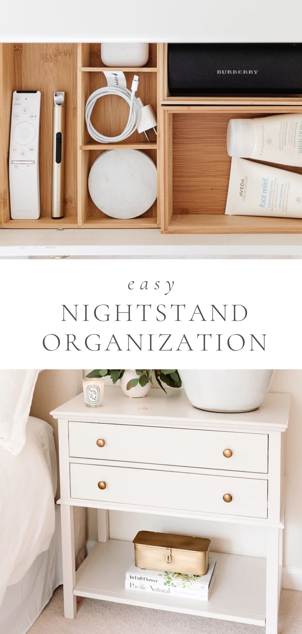 a picture of an organized nightstand drawer and a picture of a nightstand and lamp