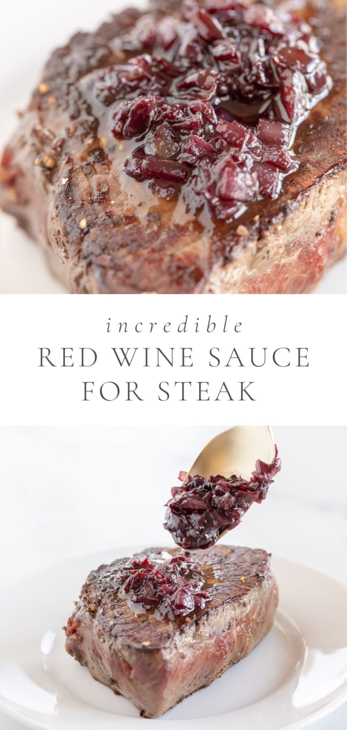 a picture of red wine sauce on a piece of grilled steak and a picture of red wine sauce being poured on steak with a gold spoon