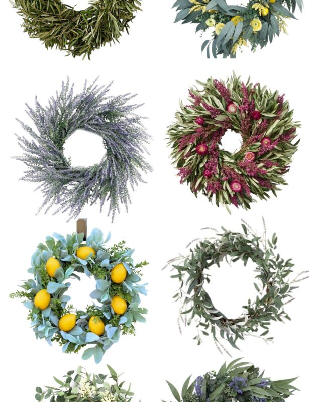 A graphic with 8 spring wreaths for front doors, with a headline that reads "best spring wreaths"