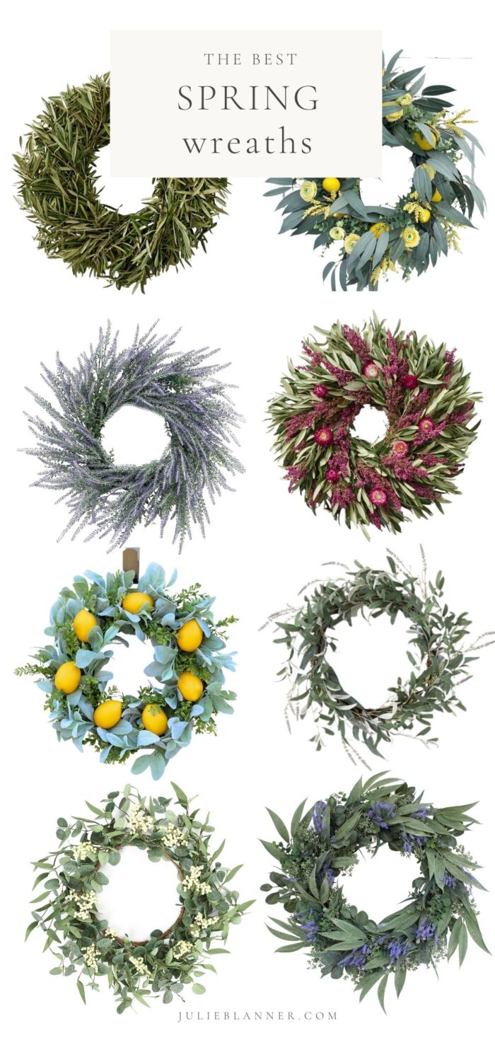 a graphic featuring 8 spring wreaths, headline at top resds the best spring wreaths 