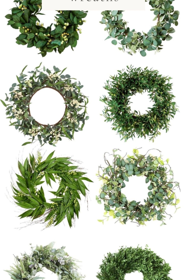 a graphic featuring 8 green wreaths, headline at top reads "year round front door wreaths"
