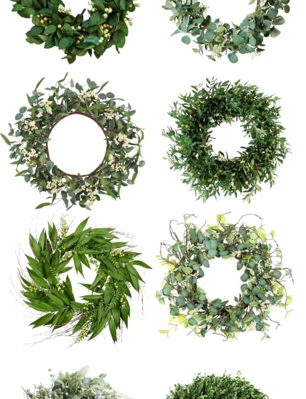 a graphic featuring 8 green wreaths, headline at top reads "year round front door wreaths"
