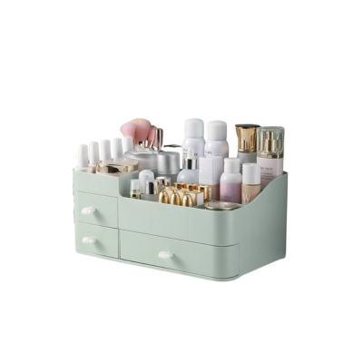 A bathroom makeup organizer with drawers filled with cosmetics for bathroom organization.