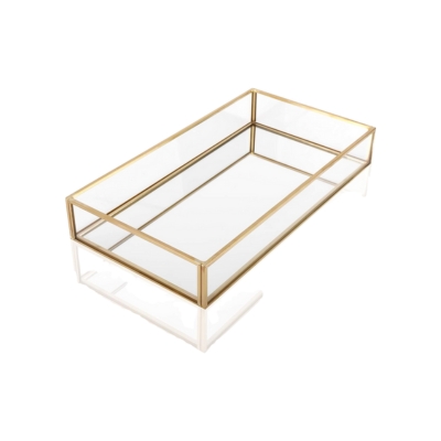 A rectangular glass tray with a gold frame, perfect for bathroom organization.
