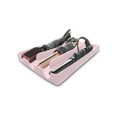 A pink tray for bathroom organization, holding hair combs and brushes.