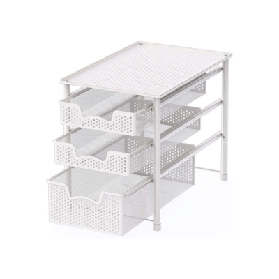A white storage unit with three drawers, perfect for bathroom organization.