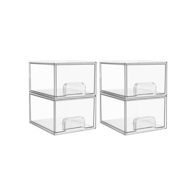 Two clear plastic storage boxes perfect for bathroom organization on a white background.