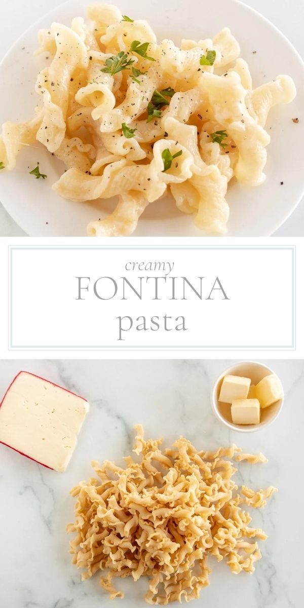 Top photo of post is a white plate of cheesy fontina pasta. Bottom photo is overhead photo of recipe ingredients.