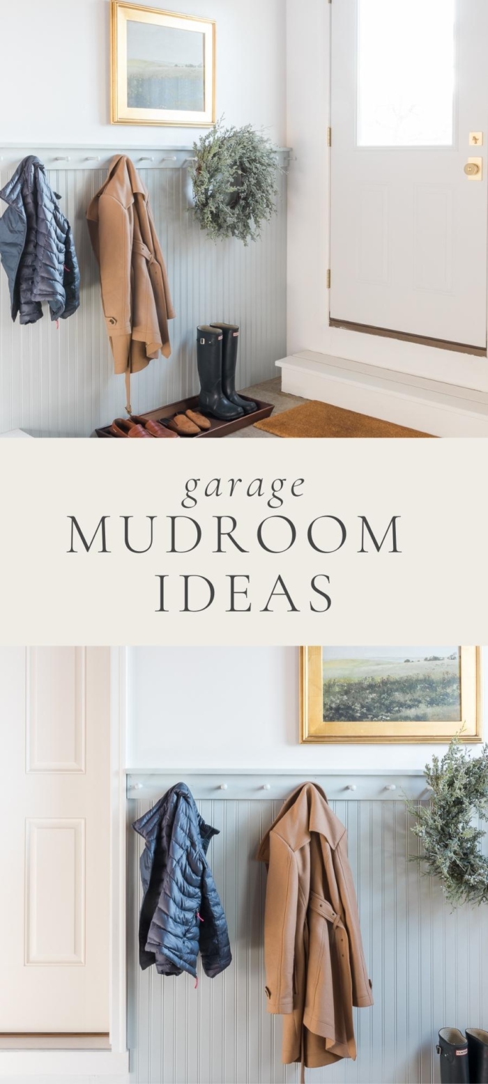 garage mudroom with coats boots shoes and art