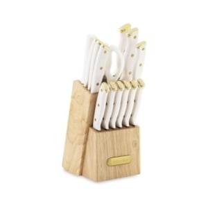 Keep your kitchen counter organized with this set of knives in a wooden block.