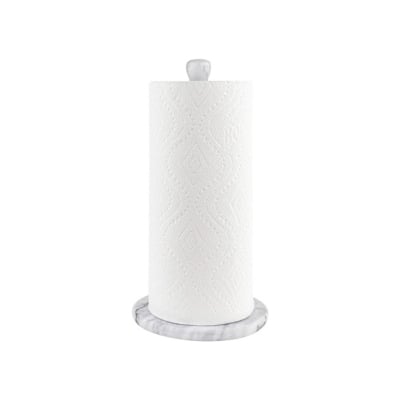 A white paper towel holder sits on a white background, showcasing perfect kitchen counter organization.