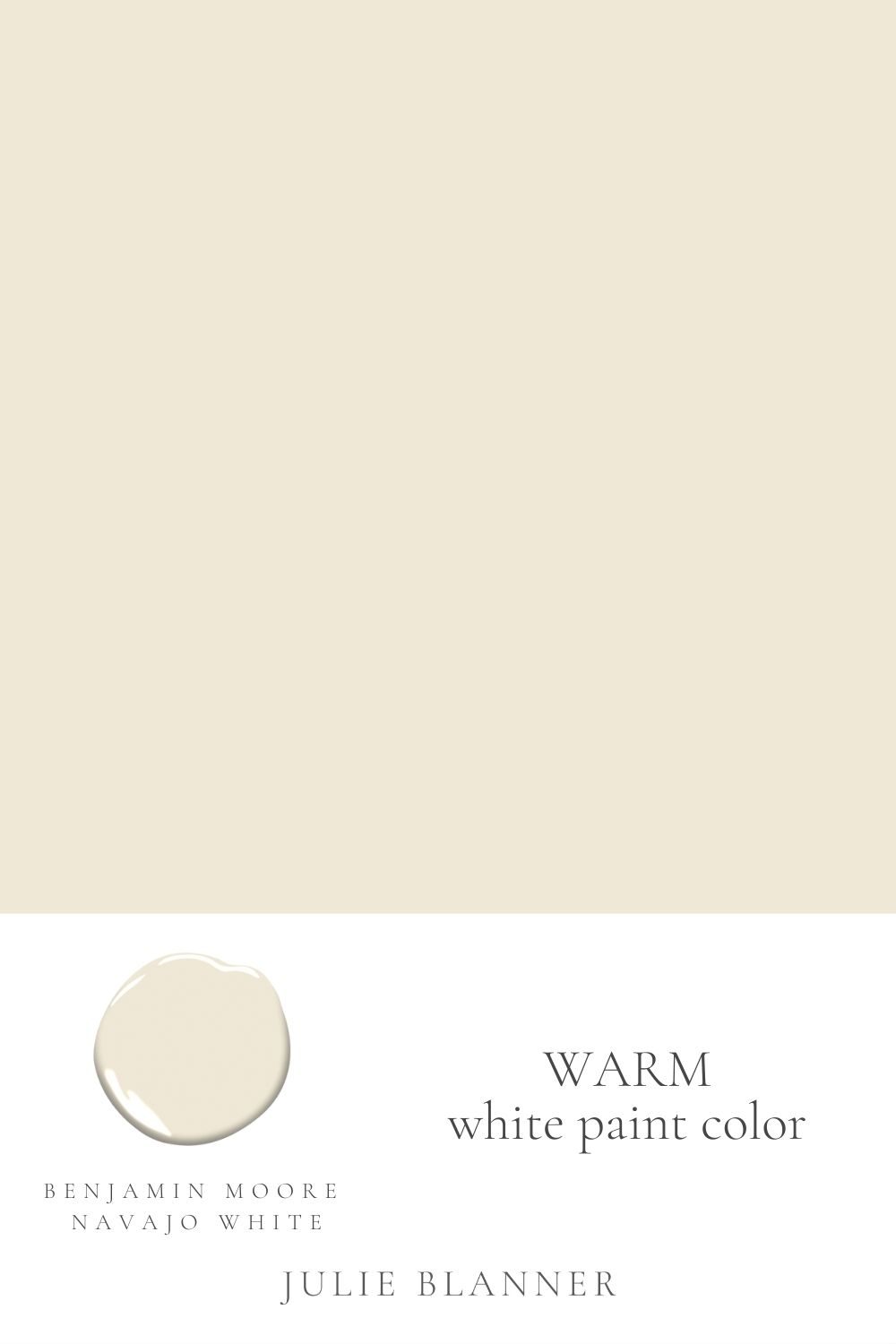 A paint swatch graphic with the headline of "warm white paint color"