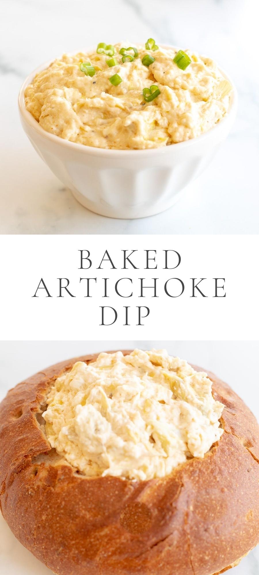 artichoke dip in bowl and bread