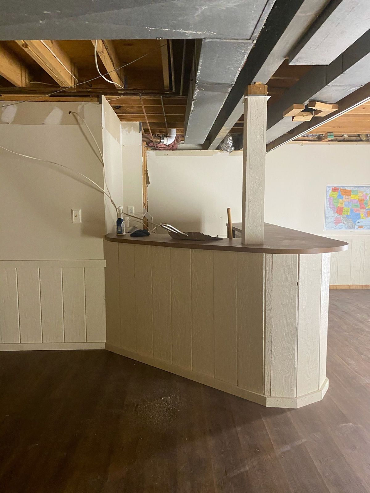 A basement bar in the process of remodeling
