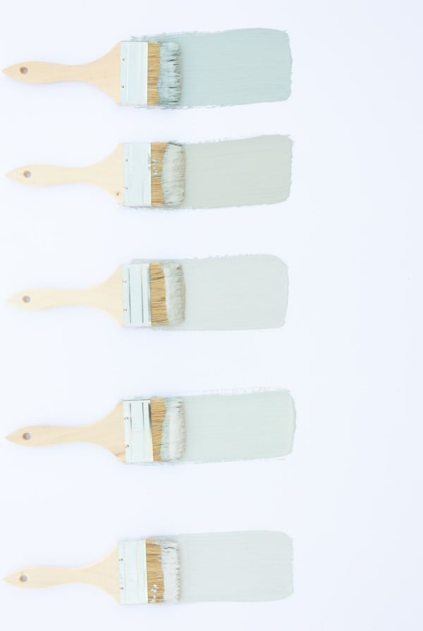 5 paint brushes laid out on a white surface, with samples of blue gray paint colors