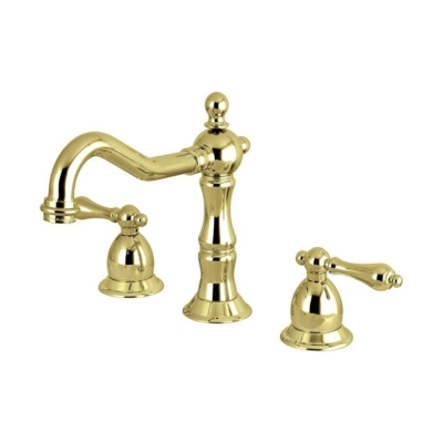 a bathroom faucet with two handles and a brass finish