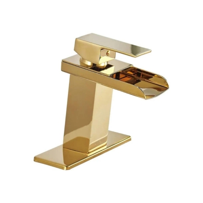 a brass bathroom faucet on a white background.