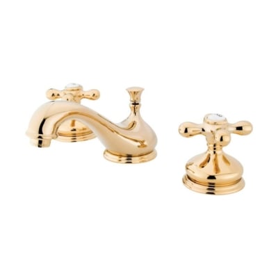 A brass bathroom faucet with two handles.