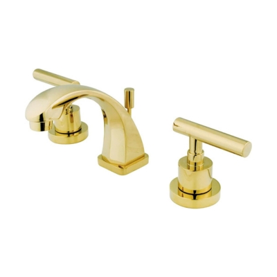 A brass bathroom faucet with two handles and a gold finish.