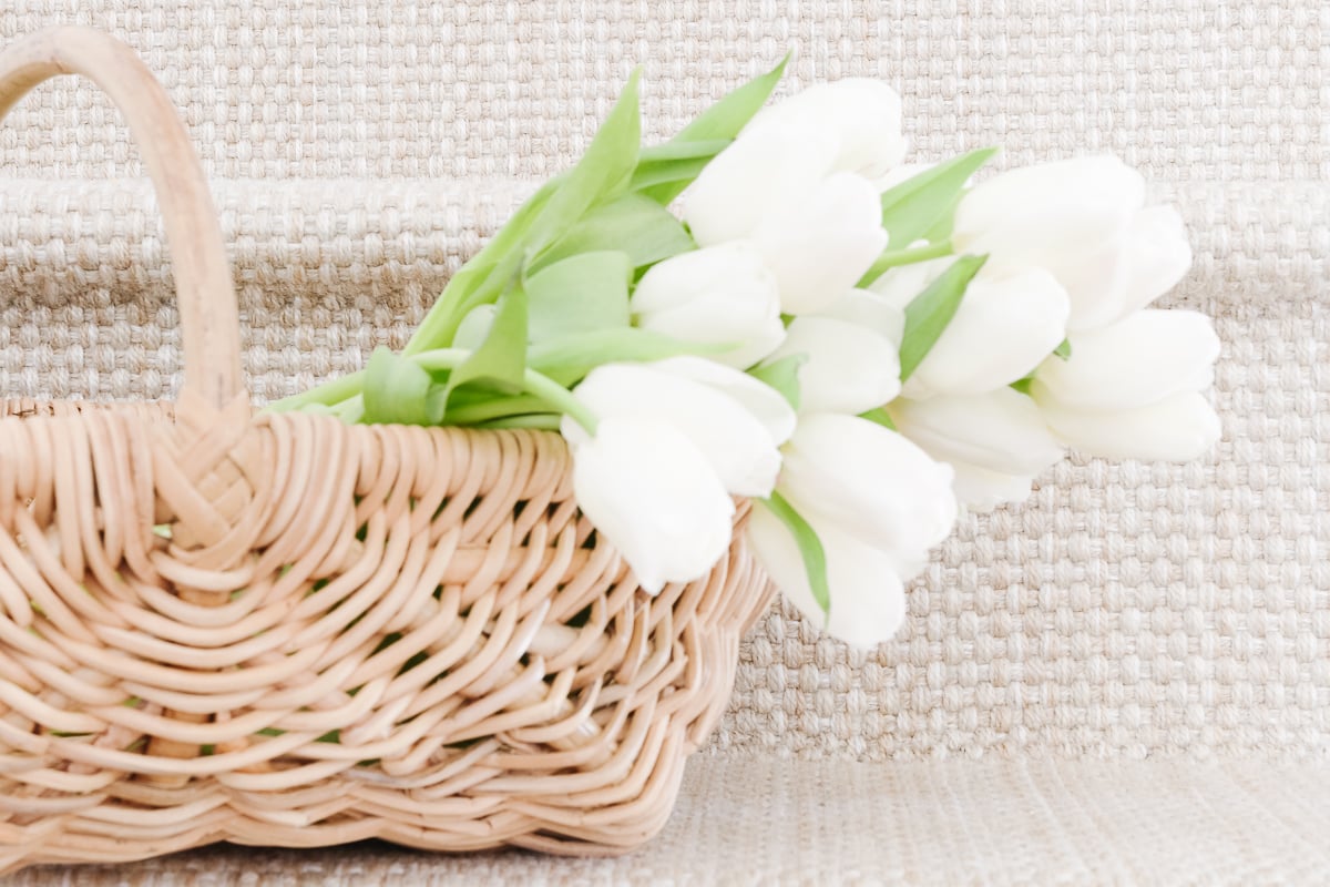 A basket of white tulips on a diy stair runner.