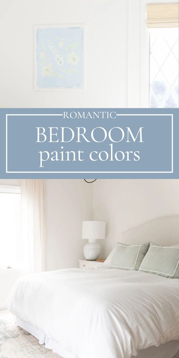 A bedroom with soft white walls, light bedding, pale green pillows, a bedside table, and a lamp, with the text "Best Bedroom Colors for Couples" overlaid.