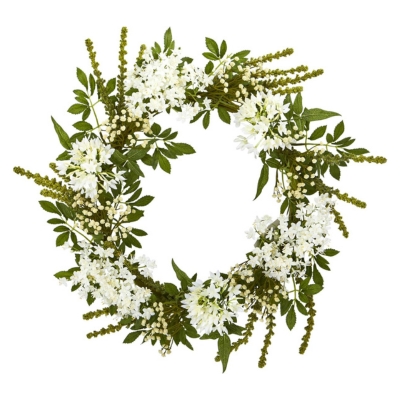A white spring wreath on a white background.