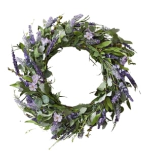 Adorn your home with a lavender wreath featuring eucalyptus leaves - perfect for spring.