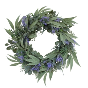 Freshen up your space with this stunning eucalyptus wreath adorned with blue flowers, perfect for welcoming spring. Displayed on a white background, this wreath will add a touch of