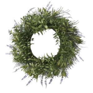 A spring wreath adorned with lavender and greenery set against a white backdrop.
