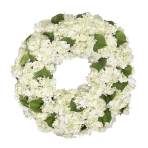 White hydrangea wreath on a white background perfect for spring.
