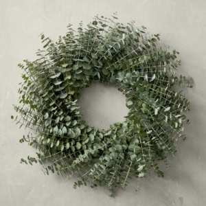 A circular eucalyptus wreath, perfect for spring, adorns a plain light gray wall.