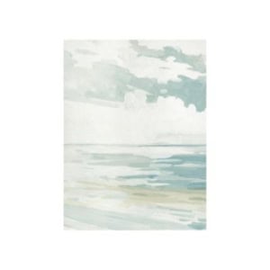 Abstract painting of a calm seascape with soft blue, green, and beige tones, featuring water, sky, and clouds rendered in broad, blended brushstrokes—a serene piece perfect for adding tranquil amazon art vibes to any space.