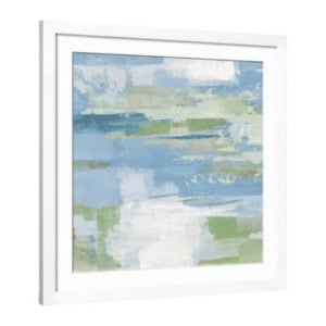 Abstract painting with horizontal brushstrokes in blue, green, and white tones, framed in a simple white frame—perfect for adding modern style to your space. Discover similar amazon art pieces to complement any décor.