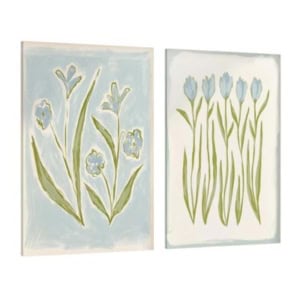 Two rectangular paintings from amazon art depict simple blue and green floral designs on light backgrounds; one shows three flowers, while the other features five tulip-like blooms.