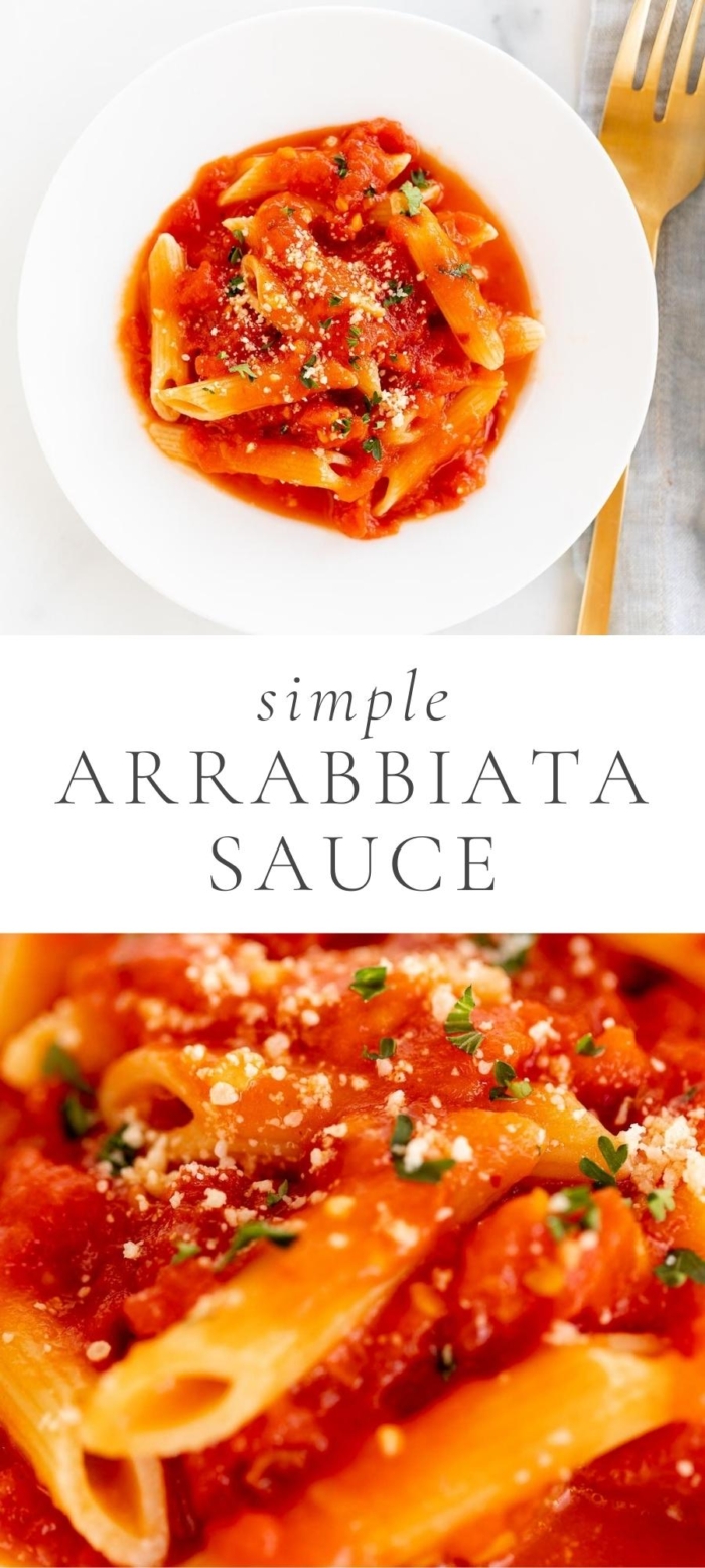 pasta and arrabbiata sauce in plate with fork and napkin