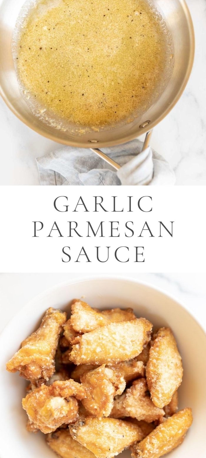 garlic parmesan sauce in pan with towel and wings in bowl