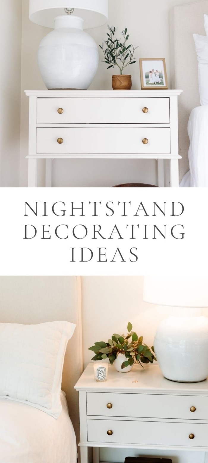 white bed and nightstand with lamp flowers and book