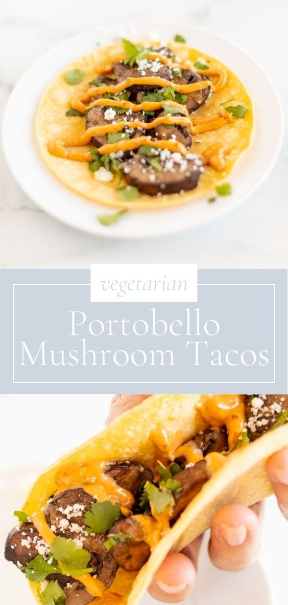 Vegetarian Portobello Mushroom Tacos are on a round white plate on a marble counter top.