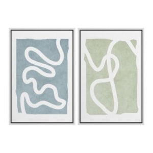 These amazon art prints feature white squiggly lines—one on a blue background, the other on green—both elegantly framed in black.