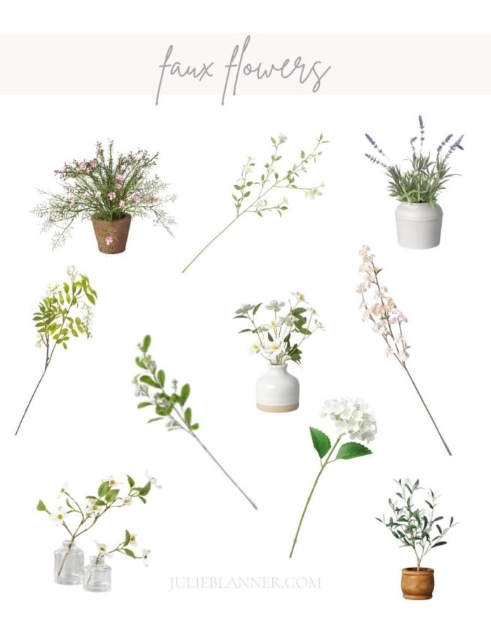 Image with a variety of artificial flowers displayed on a white background