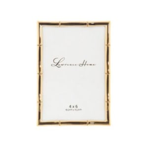 Gold-colored bamboo-style photo frame with a white insert displaying "Lawrence Home" and dimensions 4 x 6 inches—perfect for nightstand decorating with a touch of elegance.