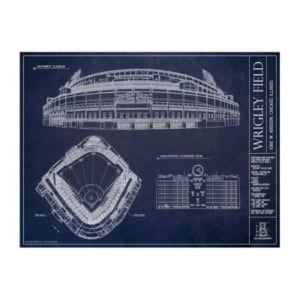 Blueprint of Wrigley Field in Chicago, Illinois, presented as amazon art, showing exterior elevation, overhead view of the field, and a scoreboard diagram with labeled sections and dimensions.