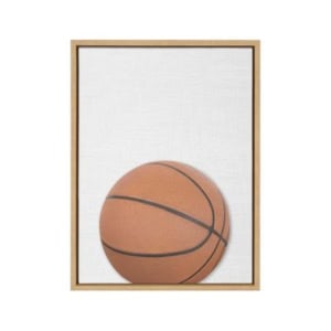 A framed picture featuring a basketball positioned near the bottom center against a plain white background, perfect for adding a touch of amazon art to your space.