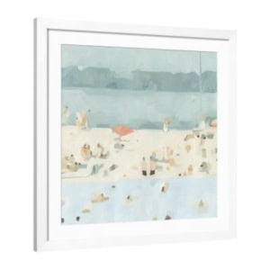 Abstract painting of a beach scene with light blue water, sandy shore, and small indistinct figures, framed in white—an ideal addition to any amazon art collection.