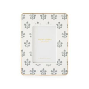 Rectangular picture frame with a white background, gray floral pattern, and yellow trim—perfect for nightstand decorating. The center features a space for a photo with placeholder text.