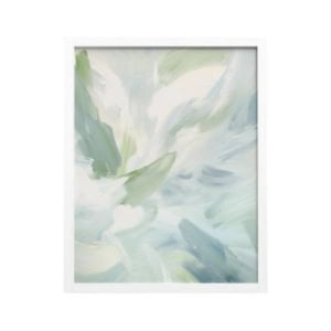 Abstract painting with soft green, blue, and white brushstrokes in a white frame, perfect for adding a modern touch to your space. Discover unique amazon art pieces like this to elevate your decor.
