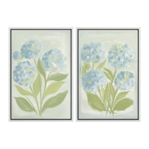 Two framed prints featuring stylized light blue hydrangea flowers with green leaves on a pale background—perfect for adding a touch of botanical elegance to your space. Discover beautiful amazon art for your home décor collection.